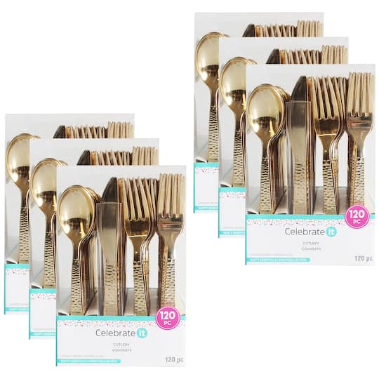 6 Packs: 120 ct. (720 total) Gold Hammered Plastic Cutlery Set by Celebrate It&#x2122;
